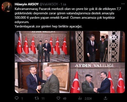 Deprem bölgesi için 500 bin TL bağışta bulundu