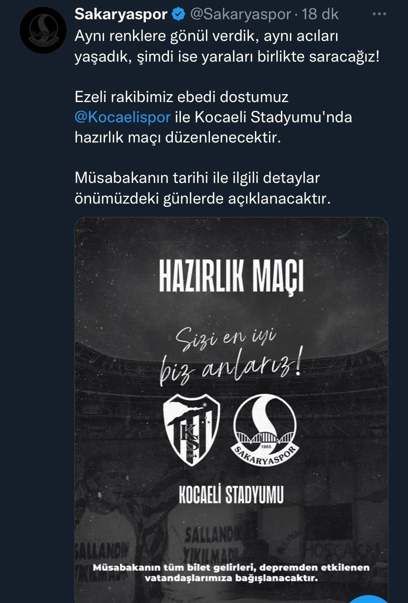 Sakaryaspor-Kocaelispor hazırlık maçı gelirlerini depremzedelere bağışlayacak