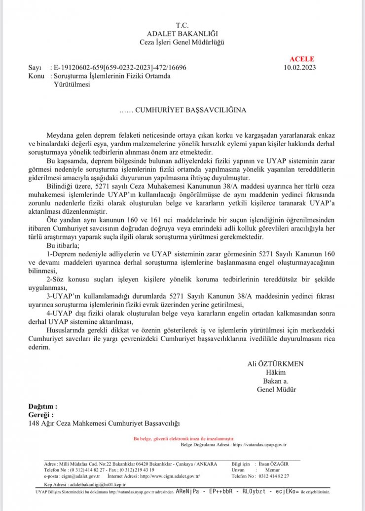 Adalet Bakanlığı'ndan deprem bölgesi için 'hırsızlık' genelgesi