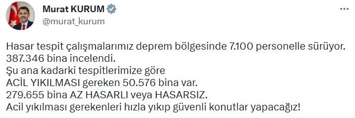 Bakan Kurum: Acil yıkılması gereken 50 bin 576 bina var