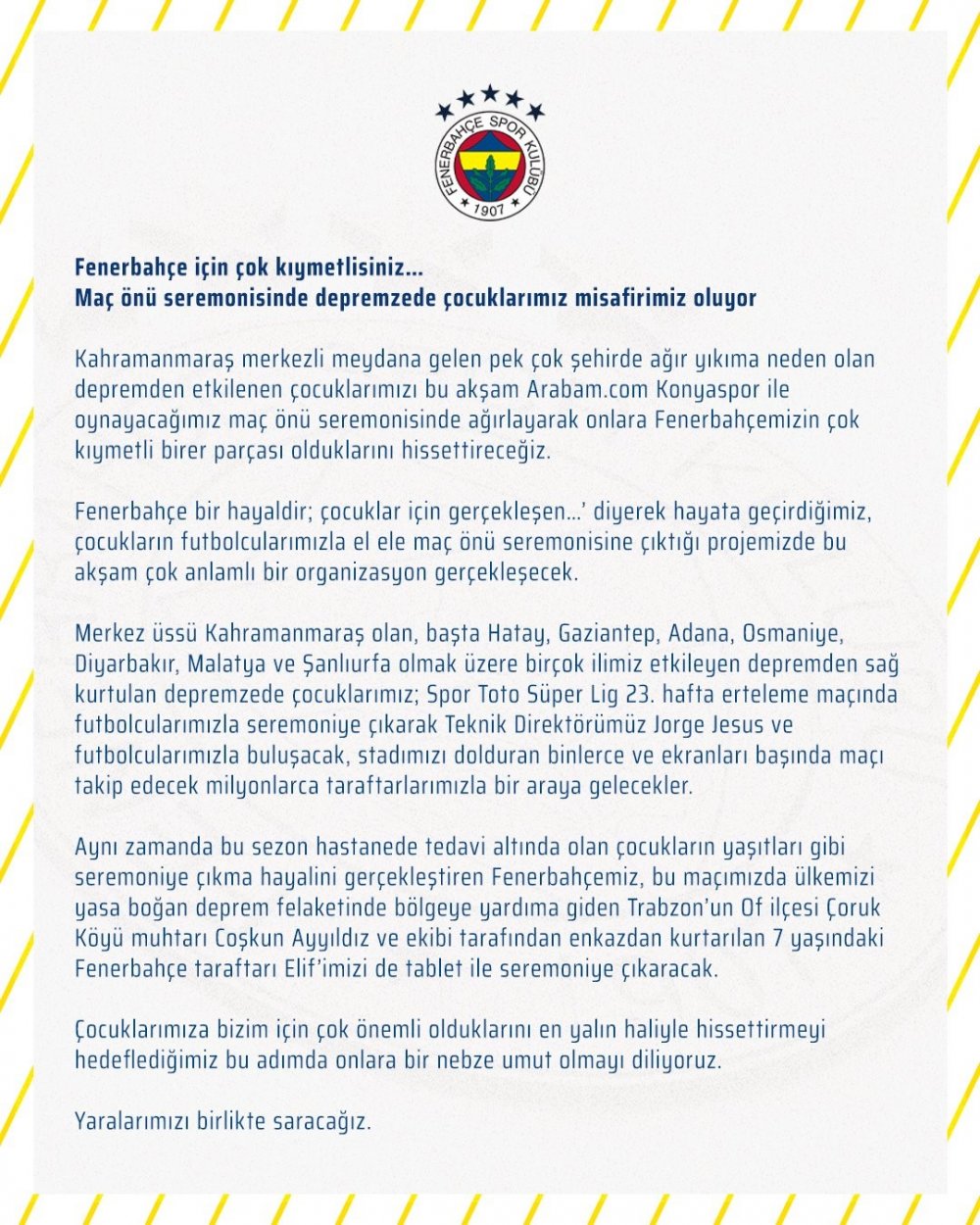 Fenerbahçe’den depremzede çocuklara moral desteği