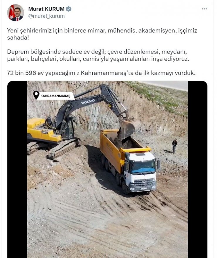 Bakan Kurum: Kahramanmaraş'ta ilk kazmayı vurduk