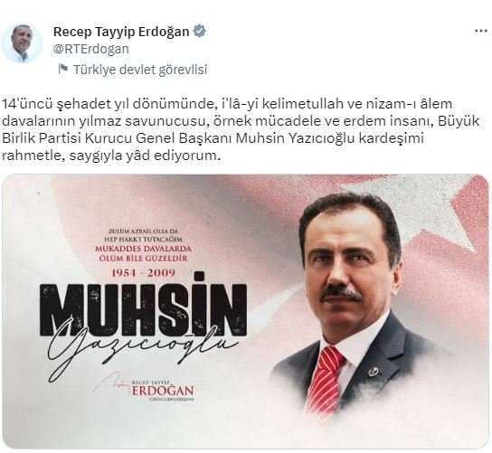 Cumhurbaşkanı Erdoğan'dan, Muhsin Yazıcıoğlu paylaşımı