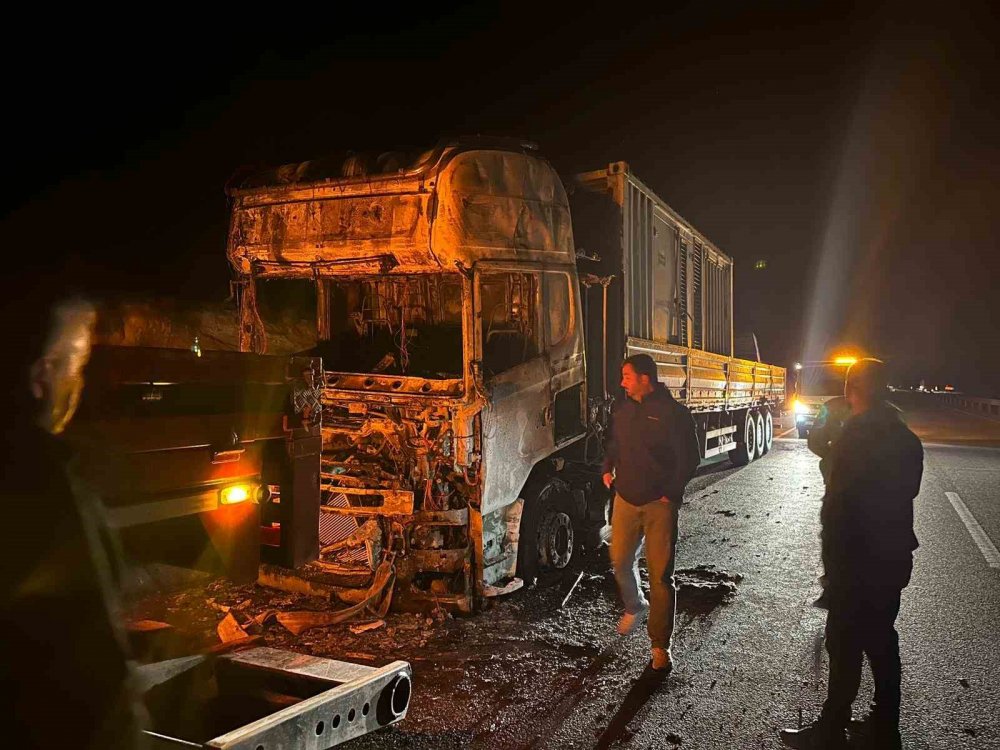 Lastiklerde başlayan yangın tırı hurdaya çevirdi