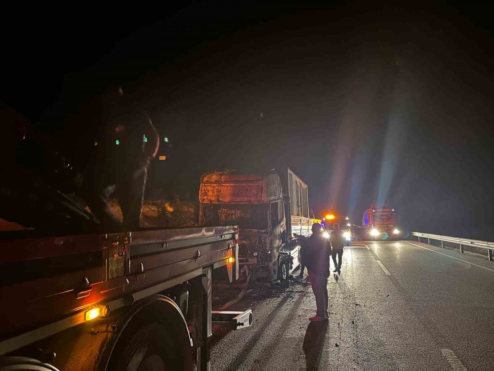 Lastiklerde başlayan yangın tırı hurdaya çevirdi