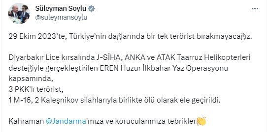 Bakan Soylu: Lice kırsalında 3 PKK'lı terörist ölü olarak ele geçirildi