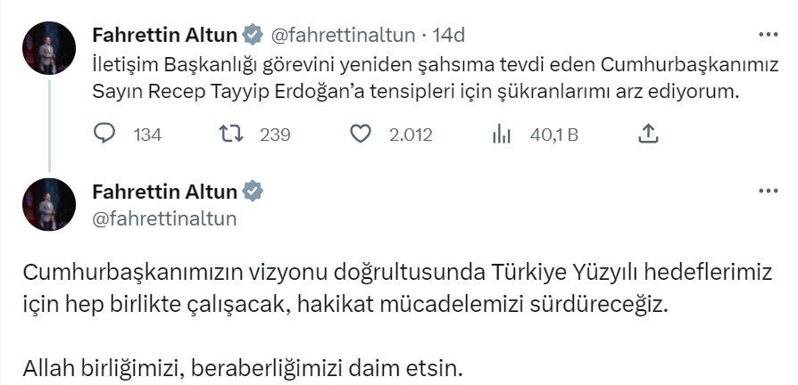 İletişim Başkanlığı'na yeniden atanan Altun'dan  teşekkür mesajı