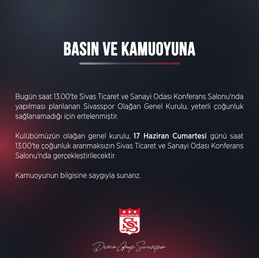 Yeterli çoğunluk sağlanamadı! Sivasspor’da olağan genel kurul ertelendi