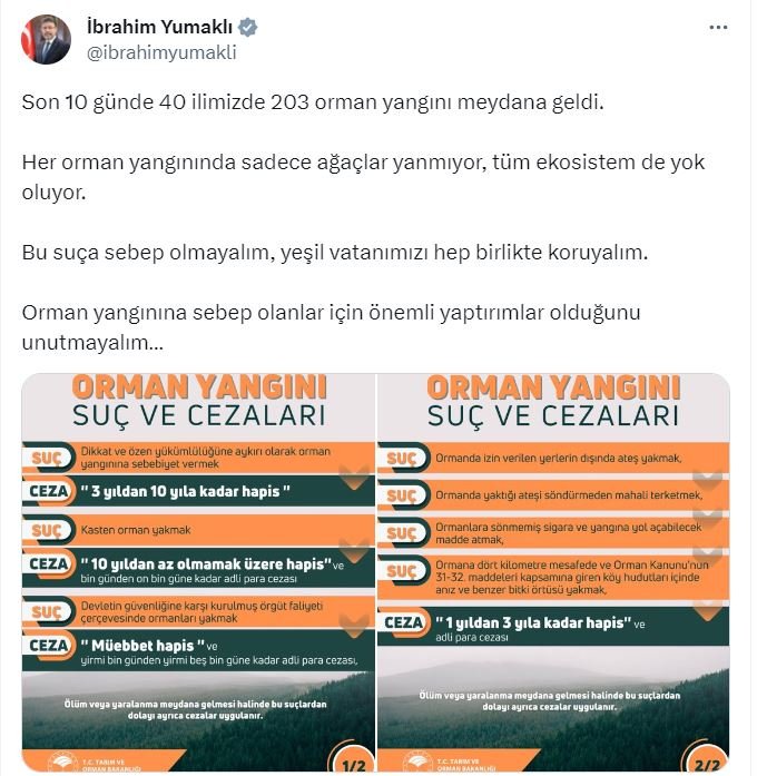Bakan Yumaklı: Son 10 günde 203 orman yangını çıktı