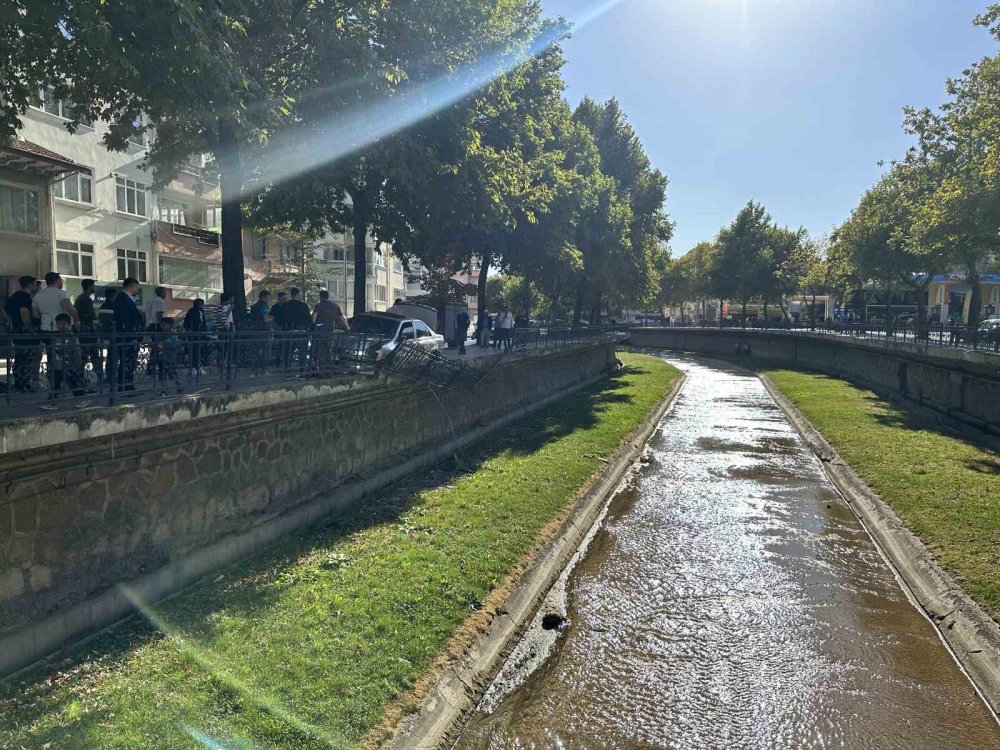 Virajı alamayan otomobil, dere kenarında korkuluklarda asılı kaldı