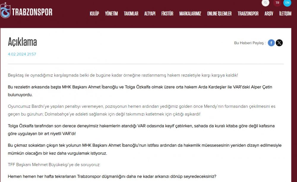 Trabzonspor'dan hakem ve VAR'a sert tepki