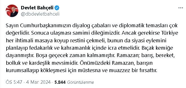 Bahçeli: Ramazan ayının bereketiyle Filistin halkının gözyaşları silinmelidir