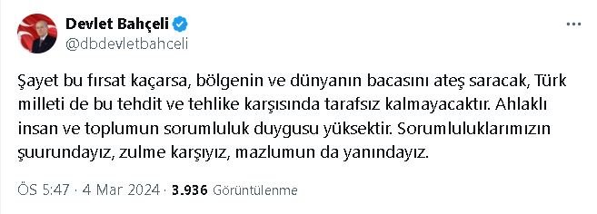 Bahçeli: Ramazan ayının bereketiyle Filistin halkının gözyaşları silinmelidir