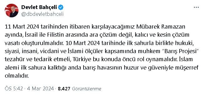 Bahçeli: Ramazan ayının bereketiyle Filistin halkının gözyaşları silinmelidir