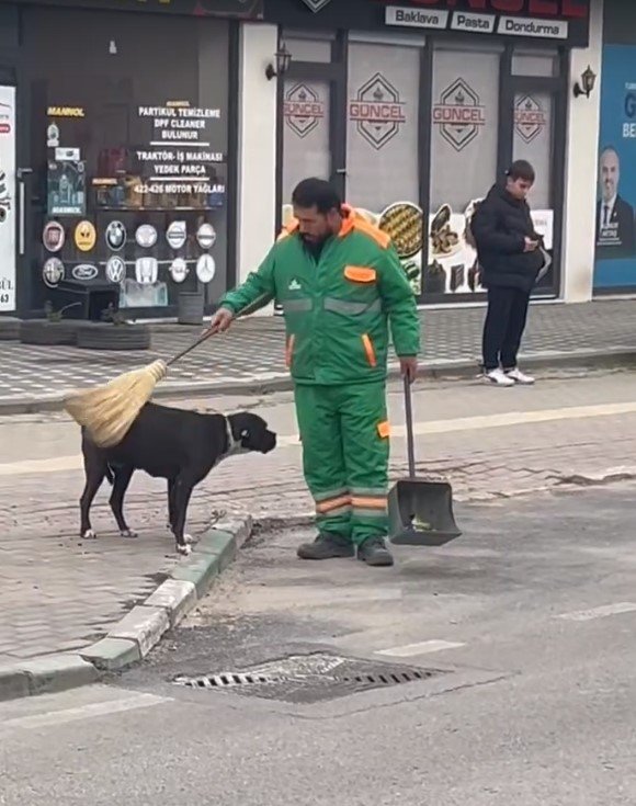 Sokak köpeğini süpürgesi ile kaşıyıp sevdi; temizlik personelinin o anları kamerada