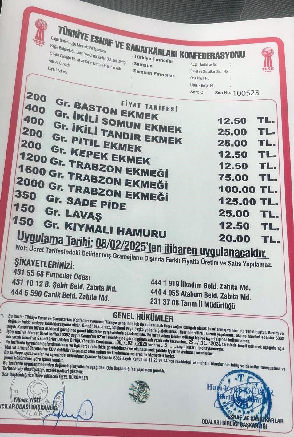 Samsun’da ekmek ve simite zam geldi