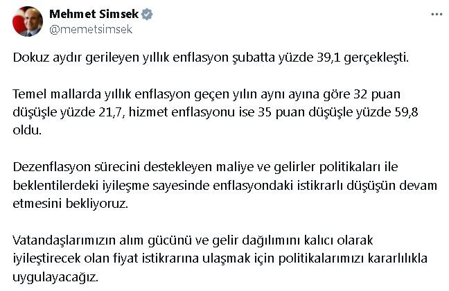 Bakan Şimşek: Enflasyondaki düşüşün devam etmesini bekliyoruz