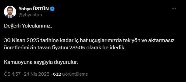Deprem sonrası THY’den yeni tavan fiyat
