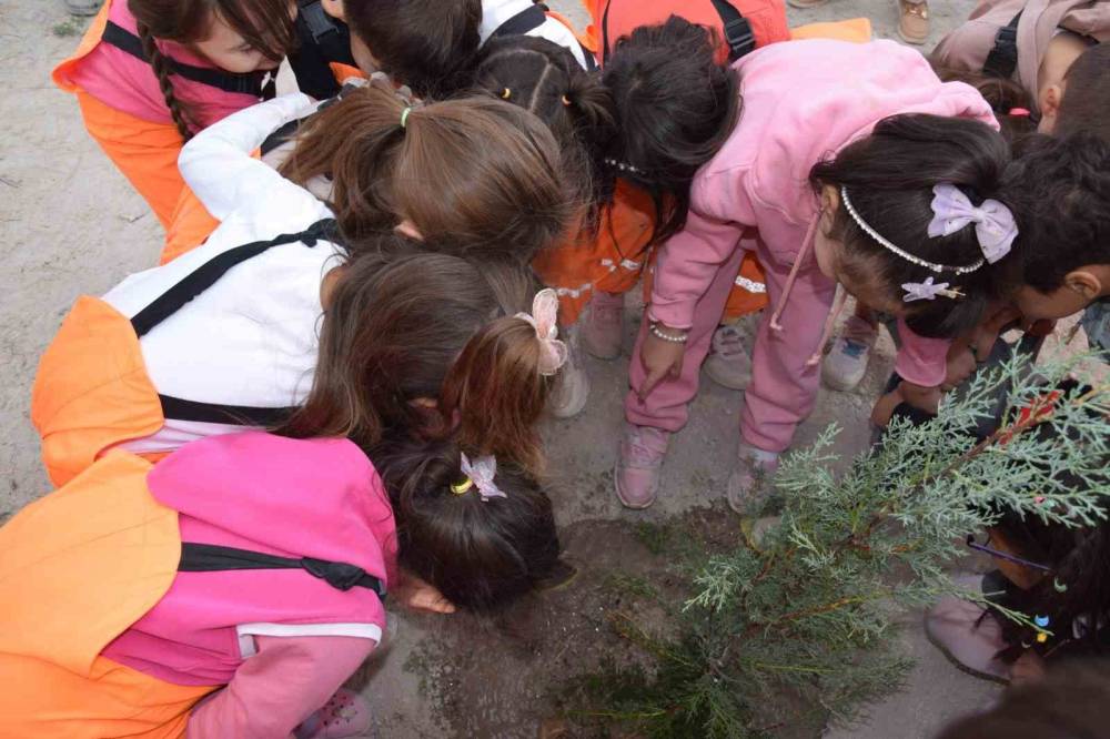 Konya Karapınar’da minikler yeşil çevre için fidan dikti